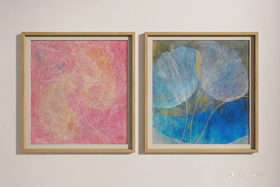 Two Framed Abstract Paintings Pink Yellow Spiral Blue White Leaf Patterns On White Wall 3d model 