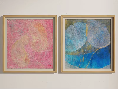 Two Framed Abstract Paintings Pink Yellow Spiral Blue White Leaf Patterns On White Wall 3d model