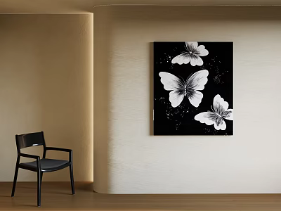 Black And White Butterfly Animal Painting With White Butterflies On Black Background Hanging In Interior 3d model