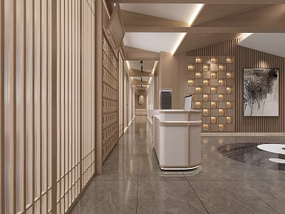 Modern Lobby Interior With Wooden Paneling White Reception Desk And Marble Floor 3d model