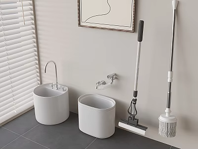White Modern Bathroom Accessories With Sink Faucet Trash Can Mop Brush And Holder 3d model