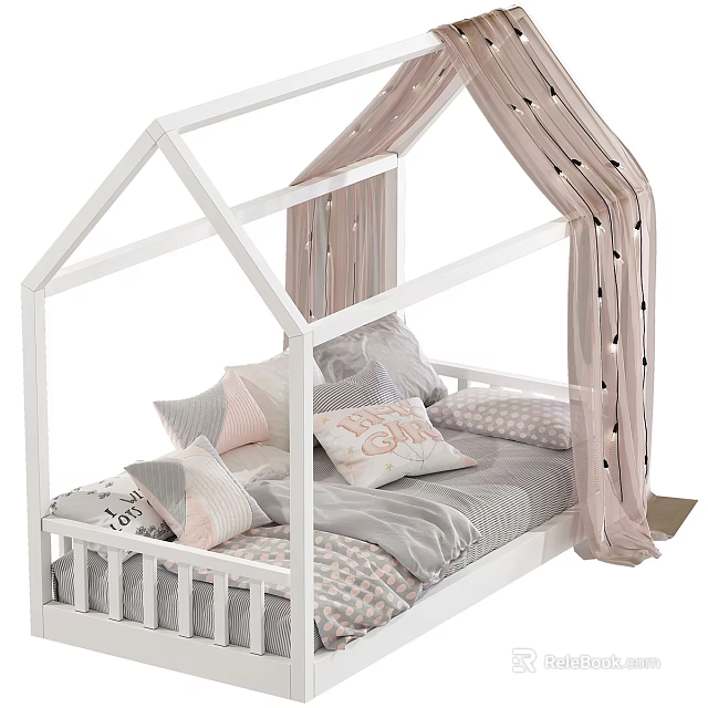 House Shaped White Kids Bed with Pink Canopy and LOVE Print Pillows and Striped Bedding 3d model 