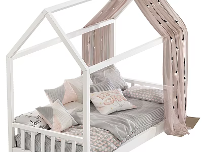 House Shaped White Kids Bed with Pink Canopy and LOVE Print Pillows and Striped Bedding 3d model