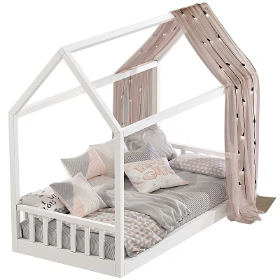 House Shaped White Kids Bed with Pink Canopy and LOVE Print Pillows and Striped Bedding 3d model