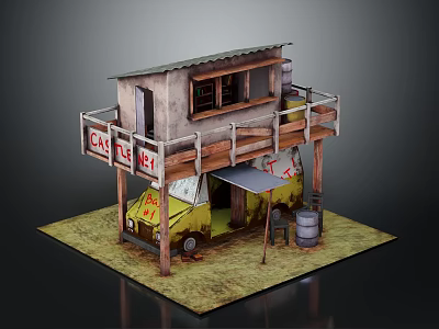 Rustic Shabby Cafe Building With Wooden Balcony Yellow Vintage Van Barrel And Small Table 3d model
