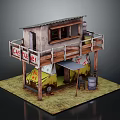 Rustic Shabby Cafe Building With Wooden Balcony Yellow Vintage Van Barrel And Small Table
