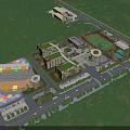 Aerial View Of Modern School Buildings With Green Campus Playground And Parking Lot