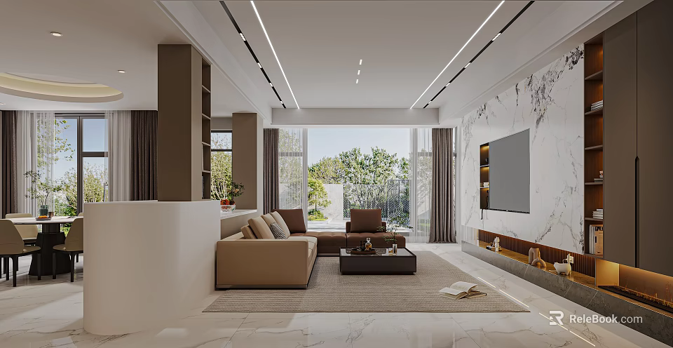 Modern Living Dining Room Interior With Marble Wall Sofa Coffee Table TV And Windows 3d model