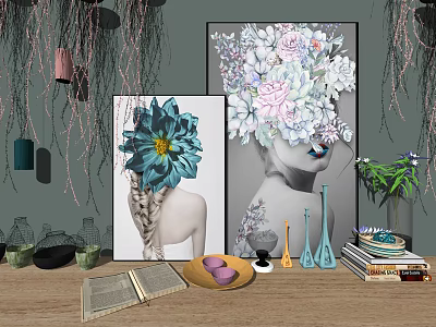 Decorative Ornament Set With Floral Art Prints Ceramic Vases Books And Tabletop Decor 3d model