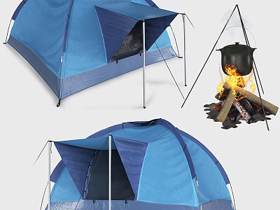 Blue Camping Tent With Campfire Cooking Pot And Outdoor Camping Gear Setup 3d model