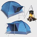 Blue Camping Tent With Campfire Cooking Pot And Outdoor Camping Gear Setup