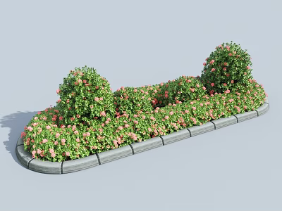 Road Facility Roadside Landscaping With Trimmed Green Shrubs Pink Flowers And Stone Edges 3d model