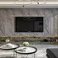 Modern Open Layout Living And Dining Room With Elegant Marble Decor And Soft Warm Lighting