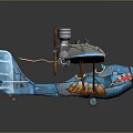 Blue Vintage Airplane Model With Red Nose Textured Wings And Metallic Propeller