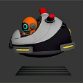 Spherical Robot Character Housing Orange Creature With Blue Glowing Eyes Red Antennae And Gray Base