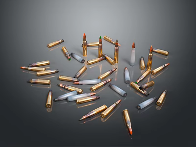 Scattered Weapon Bullets of Various Types and Sizes on Gray Background 3d model