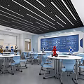 Modern School Classroom With White Tables Blue Chairs And Robot Models 3d model
