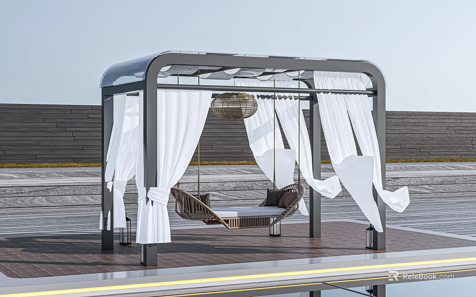 Outdoor Pergola With Hammock And Flowing White Curtains On Modern Deck Patio 3d model 