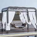 Outdoor Pergola With Hammock And Flowing White Curtains On Modern Deck Patio