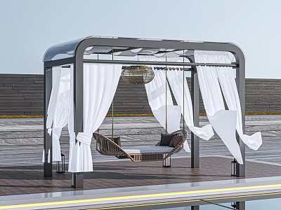 Outdoor Pergola With Hammock And Flowing White Curtains On Modern Deck Patio 3d model