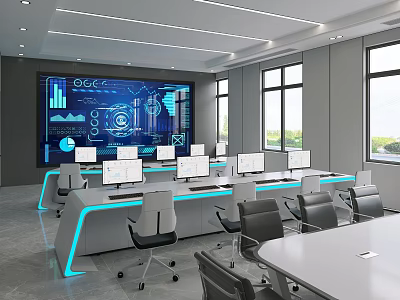 Modern Control Room With Large Monitoring Screen Multiple Computer Monitors And Workstations 3d model
