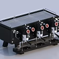 Modern Black Kitchen Coffee Machine With Multiple Red Knobs And Metal Frame