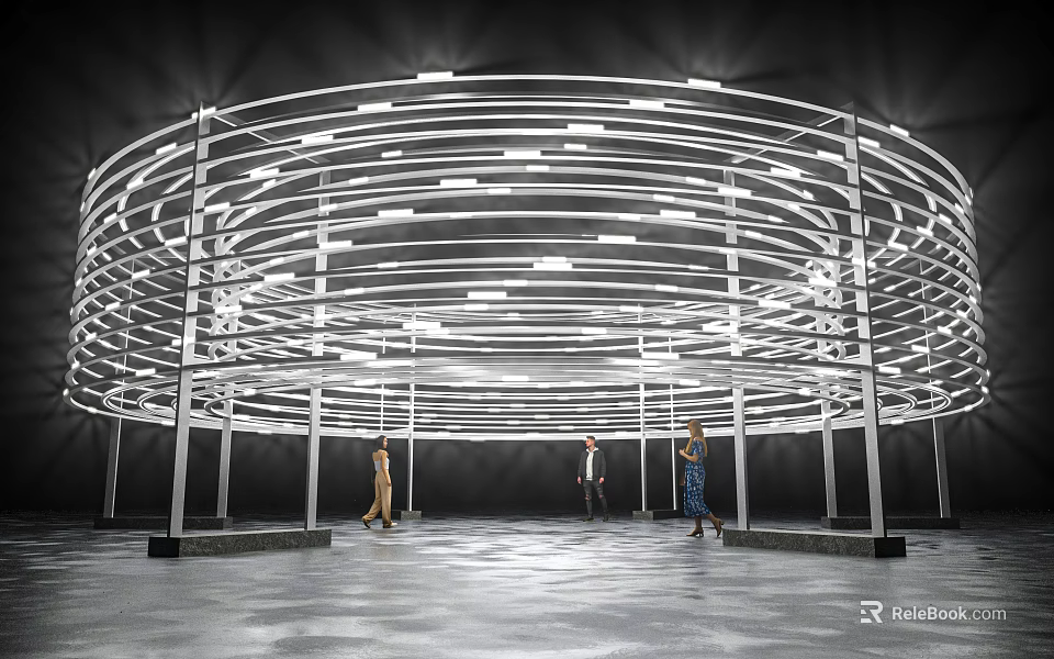 Striking Modern Art Installation With Illuminated Concentric Circular Rings And Visitors 3d model 