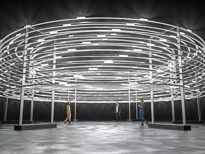 Striking Modern Art Installation With Illuminated Concentric Circular Rings And Visitors 3d model