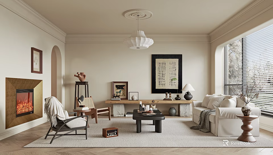 Modern Living Room Interior With Beige Walls White Sofa Area Rug And Decorative Painting 3d model 