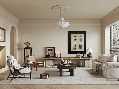 Modern Living Room Interior With Beige Walls White Sofa Area Rug And Decorative Painting 3d model