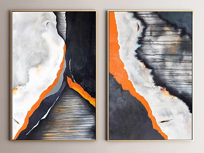 Two Piece Abstract Paintings White Black Orange Striped Texture Golden Frame Wall Art 3d model