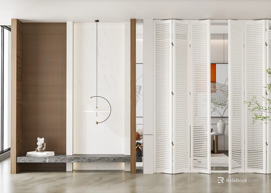 Modern Interior Design With White Louvered Folding Doors For Living Space Partition 3d model 