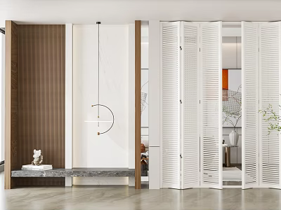 Modern Interior Design With White Louvered Folding Doors For Living Space Partition 3d model