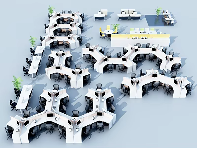 Multiple Ergonomic Office Desks In Open Workspace With Green Plants And Black Office Chairs 3d model