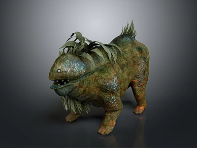 Mythical Creature With Green Brown Skin Plant Like Mane Open Mouth Sharp Teeth Stocky Limbs 3d model