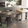Modern Kitchen Interior With Central Island Counter Dining Table Chairs Cabinets And Plants