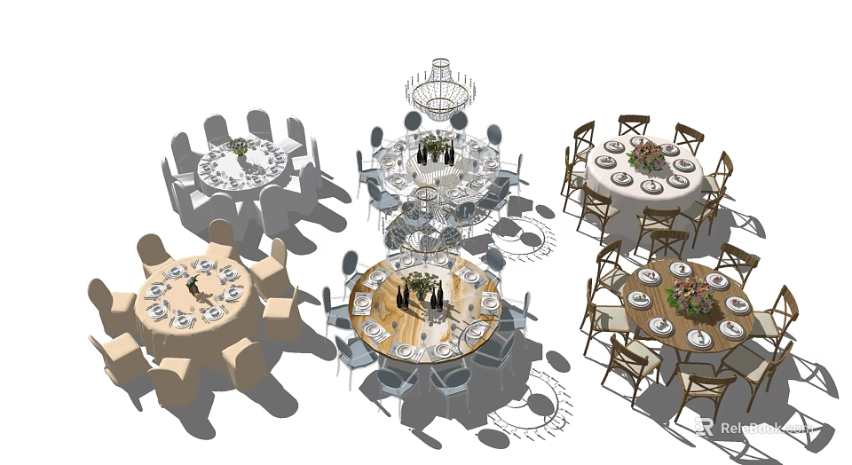 Elegant Round Dining Table Set With Chairs Tableware And Floral Centerpieces 3d model 