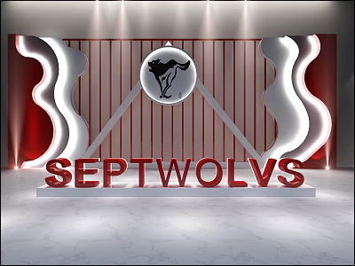 SEPTWOLVS Shower Sauna Brand Display With Red White Decor And Wolf Logo Design 3d model