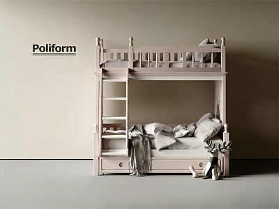 Pastel Pink Bunk Bed With Ladder Pillows Blanket And Deer Toy In Kids Room 3d model