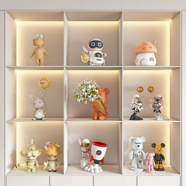 Various Dolls Collection On Display Shelf Including Rabbit Robot Mushroom Bear Astronaut 3d model 