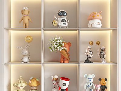 Various Dolls Collection On Display Shelf Including Rabbit Robot Mushroom Bear Astronaut 3d model