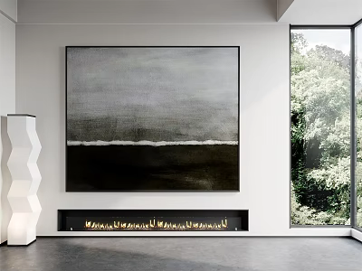 Large Abstract Painting In White Minimalist Room With Floor To Ceiling Window And Greenery 3d model