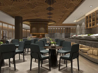 Modern Restaurant Interior With Wooden Ceiling Grilles Dining Tables Green Plants And Buffet Counter 3d model