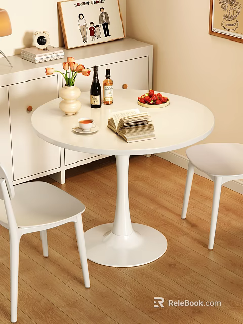White Round Dining Table with Chairs Vase Flowers Bottles Strawberries Coffee Cup and Book 3d model 