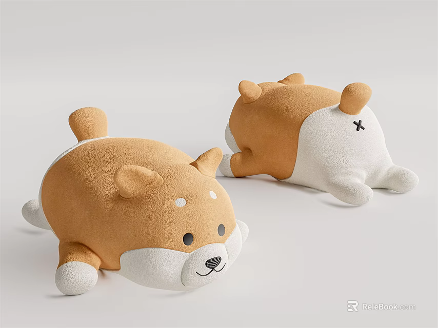 Two Brown And White Shiba Inu Plush Toys Lying With X Mark On Back 3d model 