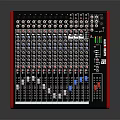 Professional Commercial Audio Mixer with Multiple Control Knobs and Faders on Panel Red Black Design