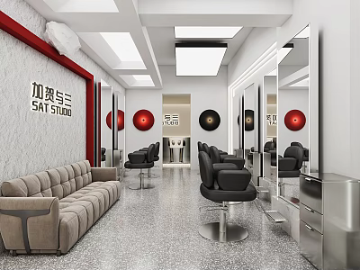 Modern Hair Salon Studio With Silver Cabinets Sofa Barber Chairs Mirrors And Red Decorations 3d model