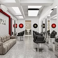 Modern Hair Salon Studio With Silver Cabinets Sofa Barber Chairs Mirrors And Red Decorations