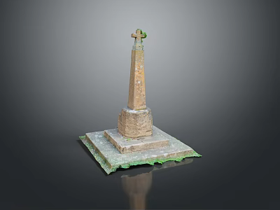 Scenic Stone Monument Featuring Green Cross Top Square Base Decorative Edges And Reflective Gray Background 3d model