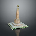 Scenic Stone Monument Featuring Green Cross Top Square Base Decorative Edges And Reflective Gray Background